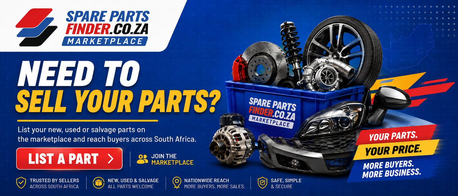 Need to sell some parts? List your new, used or salvage parts on the marketplace and reach buyers across South Africa.